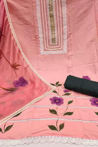Peach hand embroidery cotton silk churidar dress-materials