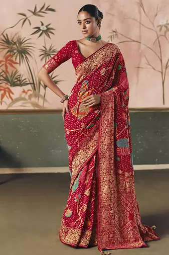 Red bandhej weaving work faux khaddi georgette saree