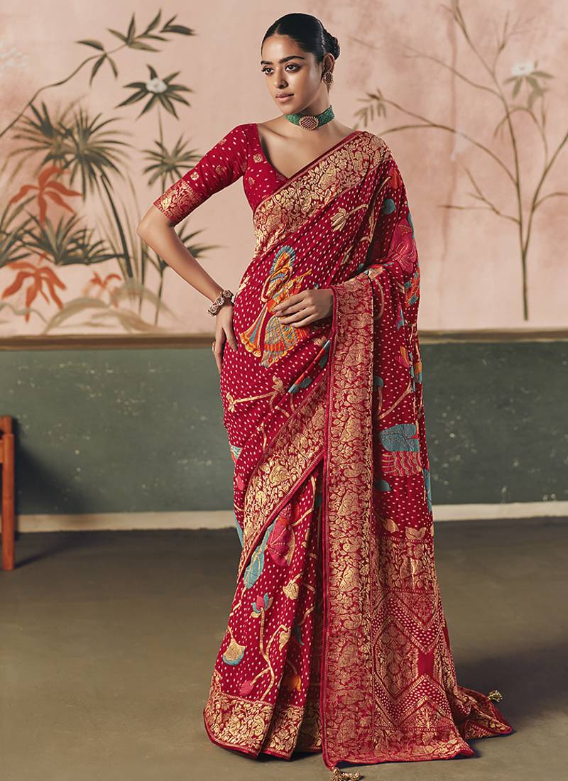 Red bandhej weaving work faux khaddi georgette saree