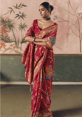Red bandhej weaving work faux georgette saree 2