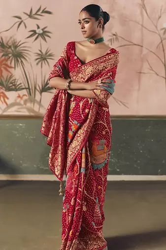 Red bandhej weaving work faux georgette saree