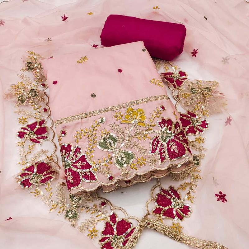 Peach embroidered organza semi stitched churidar dress-materials