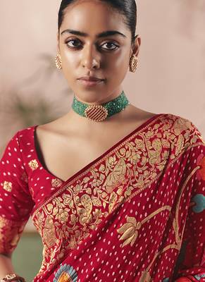 Red bandhej weaving work faux georgette saree 3
