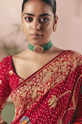 Red bandhej weaving work faux georgette saree