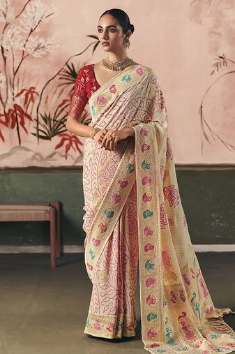 Off white bandhej weaving work faux khaddi georgette saree