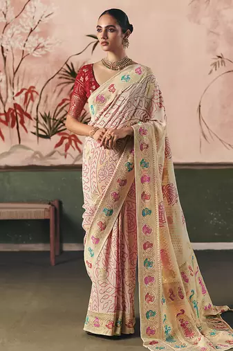 Off white bandhej weaving work faux khaddi georgette saree