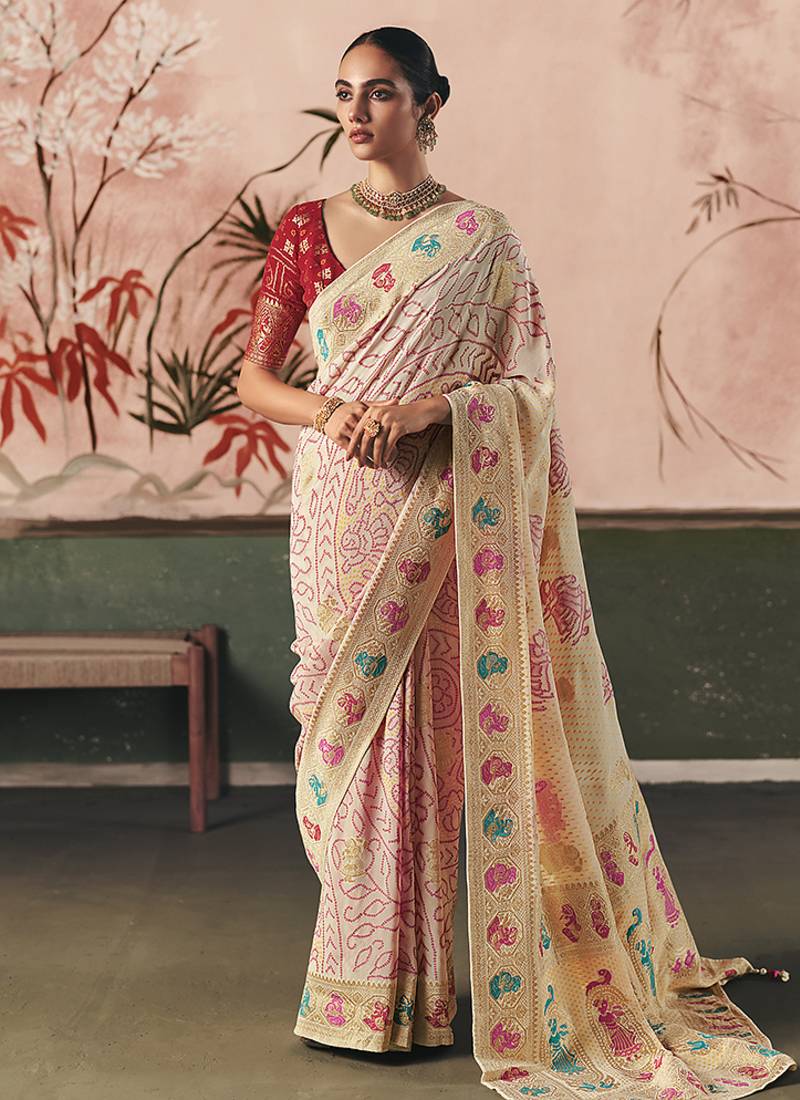 Off white bandhej weaving work faux khaddi georgette saree