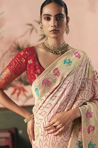 Off white bandhej weaving work faux georgette saree