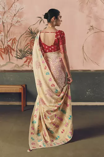 Off white bandhej weaving work faux georgette saree