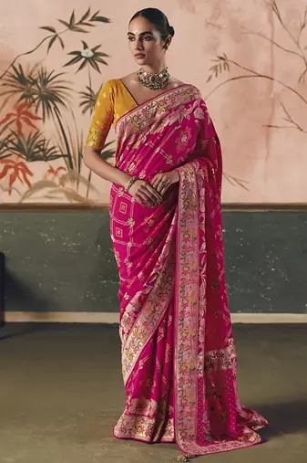Rani pink bandhej weaving work faux khaddi georgette saree