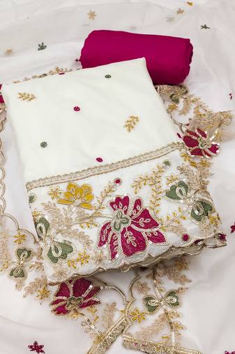 White embroidered organza semi stitched churidar dress-materials