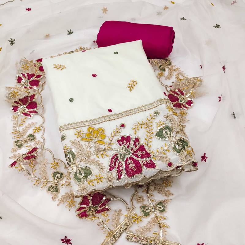 White embroidered organza semi stitched churidar dress-materials