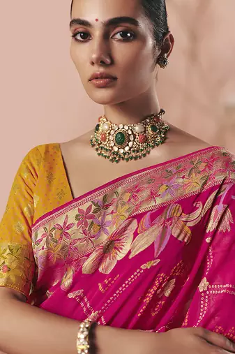 Rani pink bandhej weaving work faux georgette saree