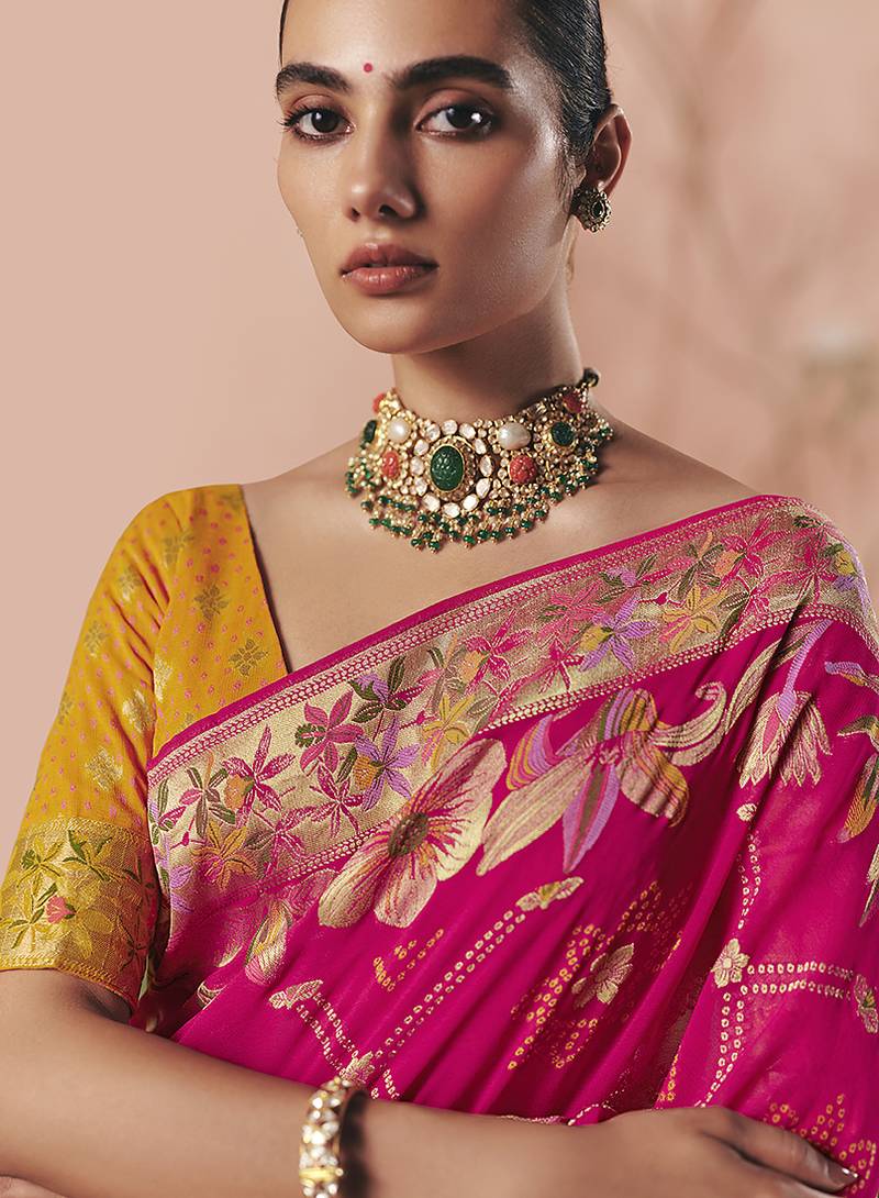 Rani pink bandhej weaving work faux khaddi georgette saree