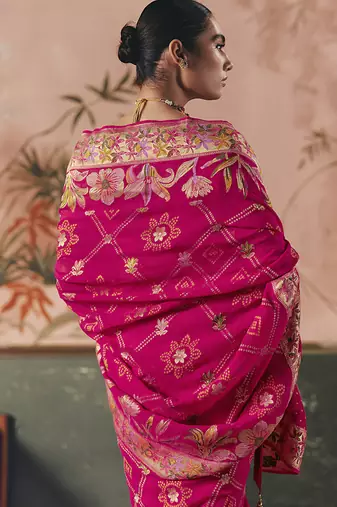 Rani pink bandhej weaving work faux georgette saree