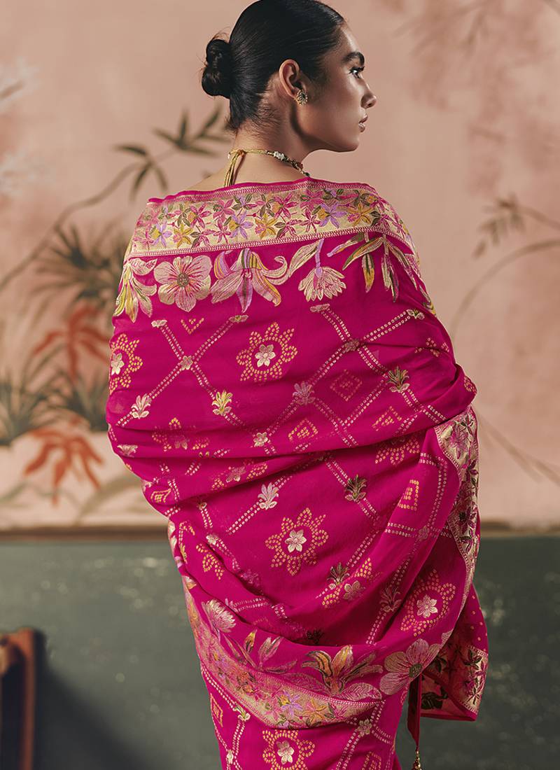Rani pink bandhej weaving work faux khaddi georgette saree