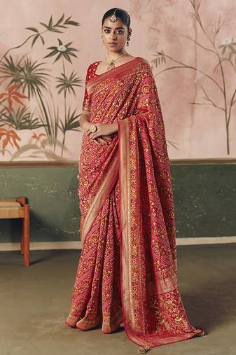 Red bandhej weaving work faux khaddi georgette saree
