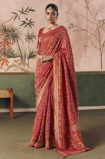 Red bandhej weaving work faux khaddi georgette saree
