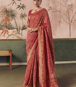 Red bandhej weaving work faux khaddi georgette saree