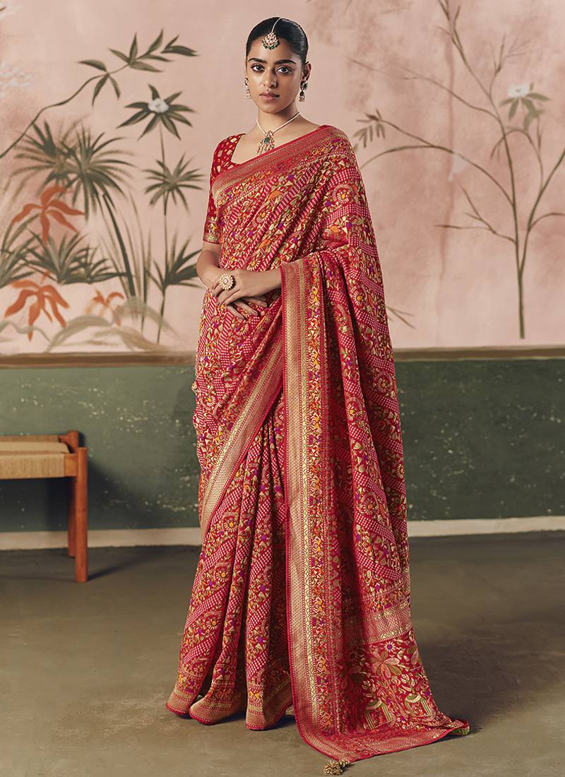 Red bandhej weaving work faux khaddi georgette saree