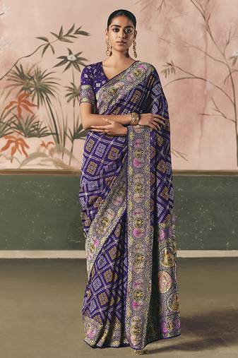 Violet bandhej weaving work faux khaddi georgette saree
