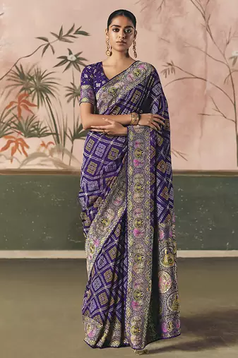 Violet bandhej weaving work faux khaddi georgette saree