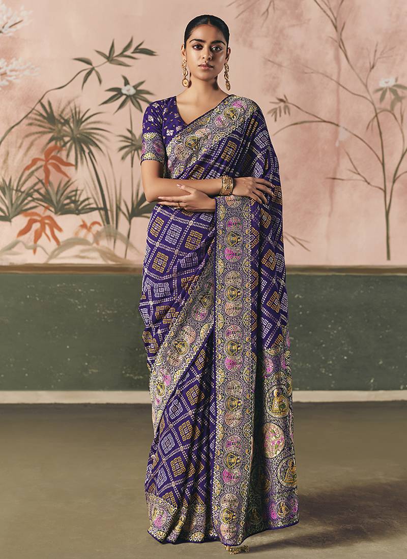 Violet bandhej weaving work faux khaddi georgette saree