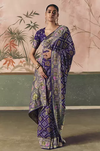 Violet bandhej weaving work faux georgette saree