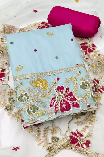 Sea-green embroidered organza semi stitched churidar dress-materials