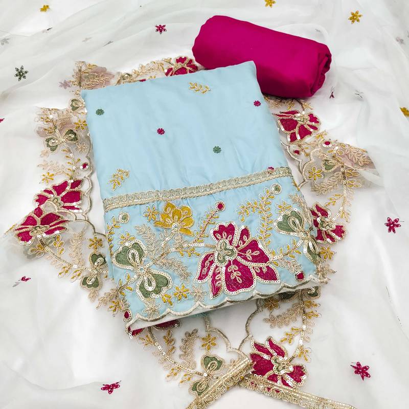 Sea-green embroidered organza semi stitched churidar dress-materials