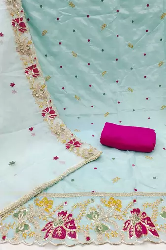 Sea-green embroidered organza churidar dress-materials