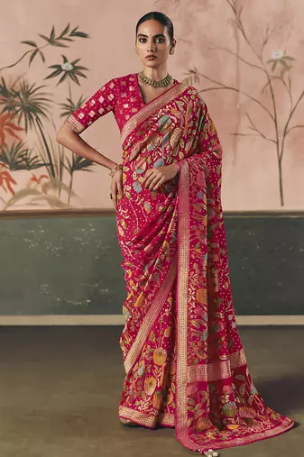 Rani pink bandhej weaving work faux khaddi georgette saree