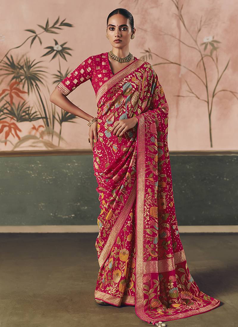 Rani pink bandhej weaving work faux khaddi georgette saree