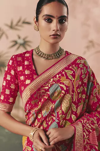 Rani pink bandhej weaving work faux georgette saree