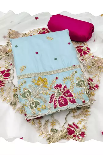 Sea-green embroidered organza churidar dress-materials