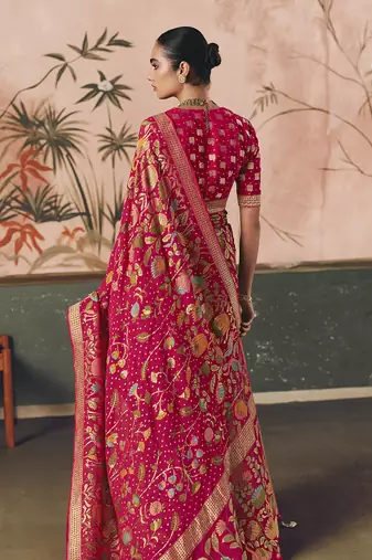 Rani pink bandhej weaving work faux georgette saree