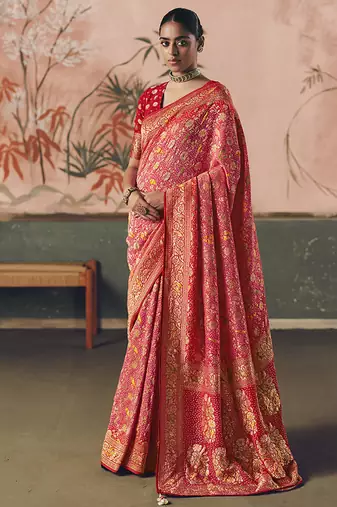 Gajri pink bandhej weaving work faux khaddi georgette saree