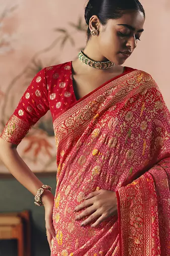 Gajri pink bandhej weaving work faux georgette saree