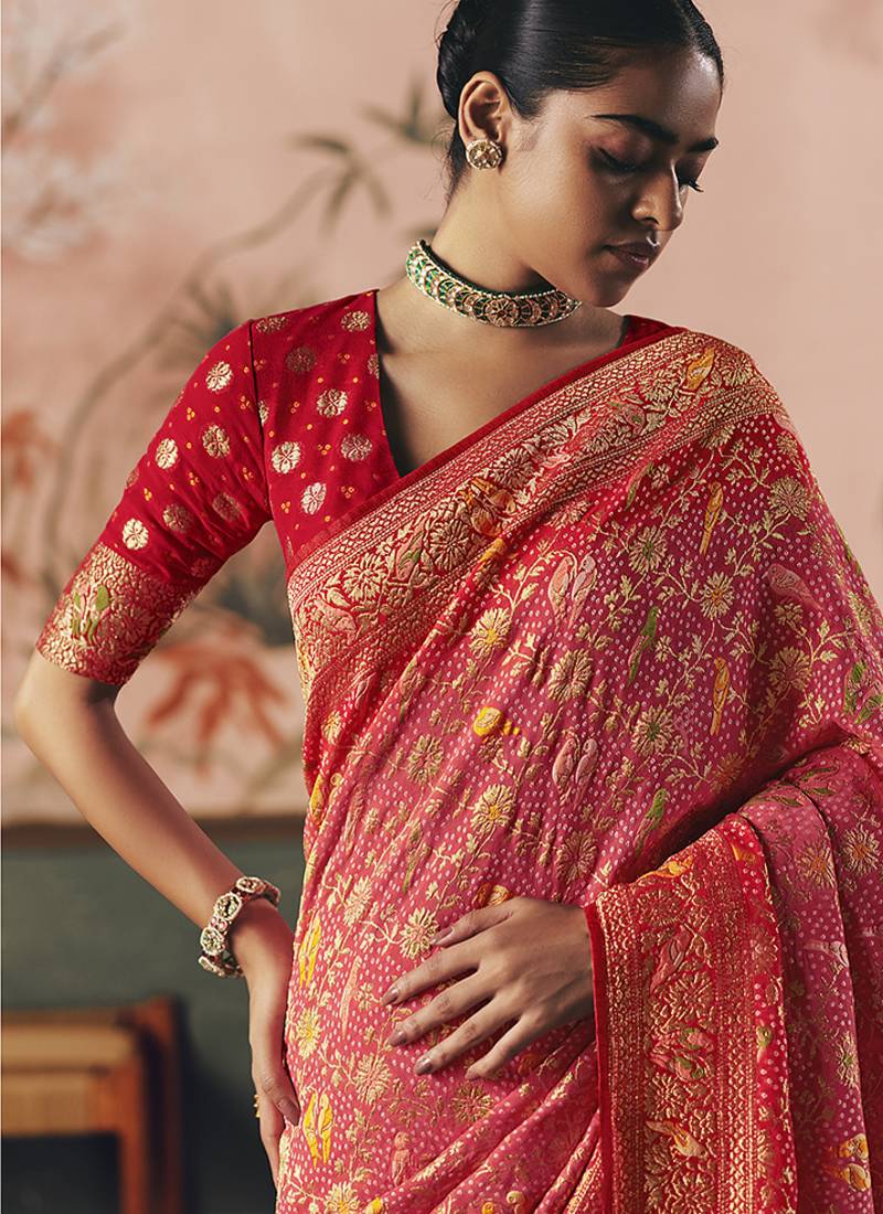 Gajri pink bandhej weaving work faux khaddi georgette saree