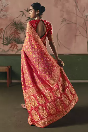 Gajri pink bandhej weaving work faux georgette saree