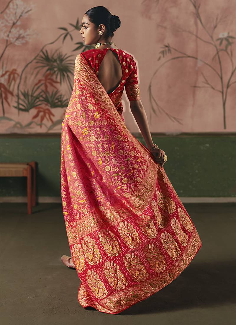 Gajri pink bandhej weaving work faux khaddi georgette saree