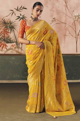 Yellow bandhej weaving work faux khaddi georgette saree