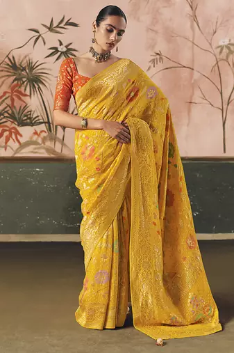 Yellow bandhej weaving work faux khaddi georgette saree
