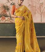 Yellow bandhej weaving work faux khaddi georgette saree