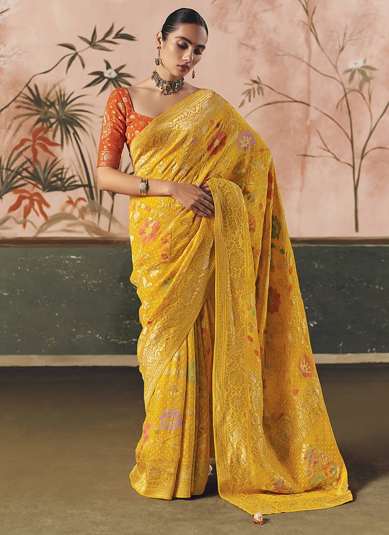 Yellow bandhej weaving work faux khaddi georgette saree