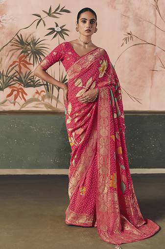 Pink bandhej weaving work faux khaddi georgette saree