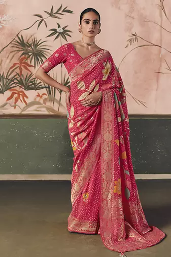 Pink bandhej weaving work faux khaddi georgette saree