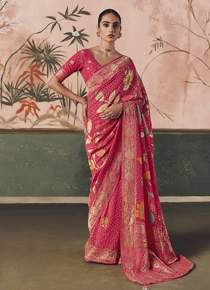 Pink bandhej weaving work faux khaddi georgette saree