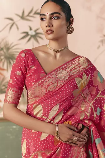 Pink bandhej weaving work faux georgette saree