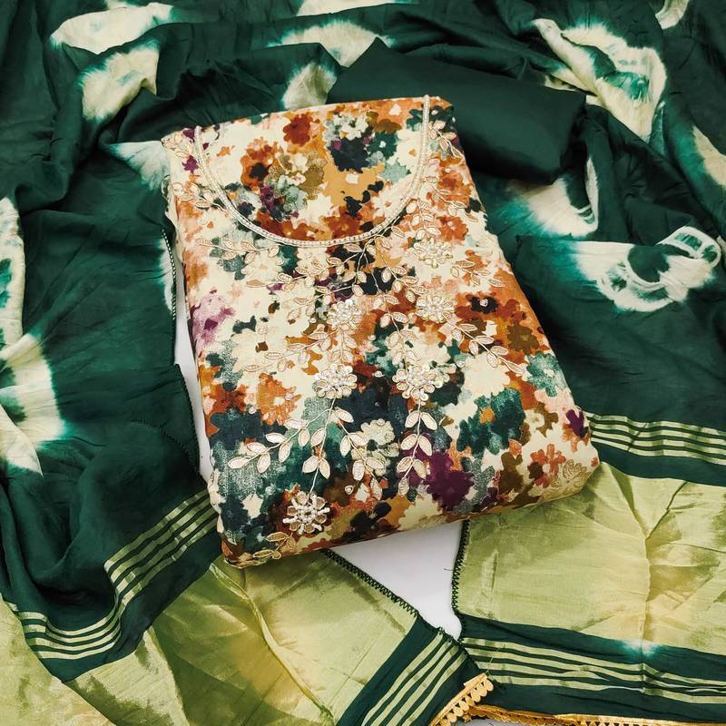 Multicolor hand embroidery cotton semi stitched churidar dress-materials